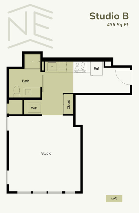 Floor plan for studio, 1 bath, 436 sqft